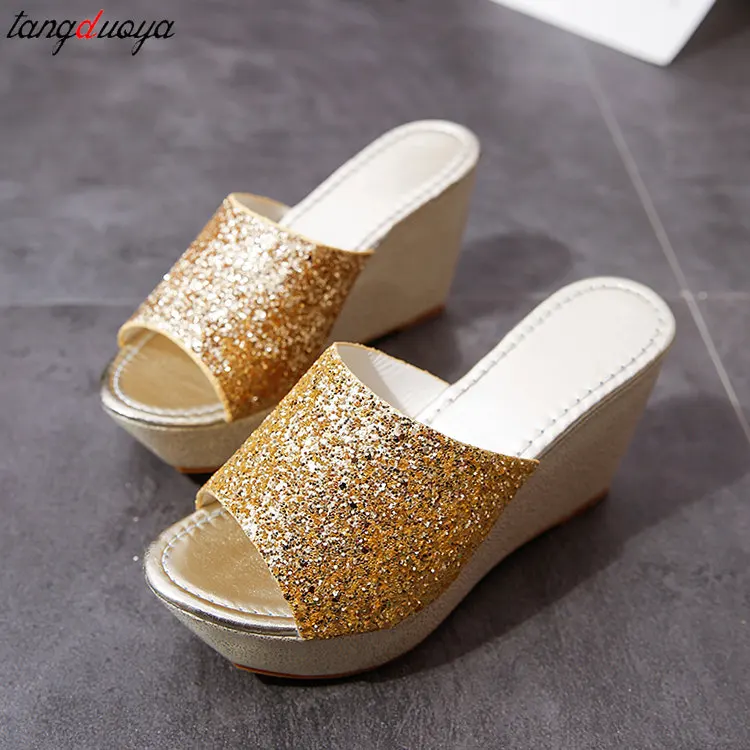 gold silvers platform heels Women Slippers Summer Shoes Platform Outside Fitting-room High Heels Wedges Solid Mesh Female Slides