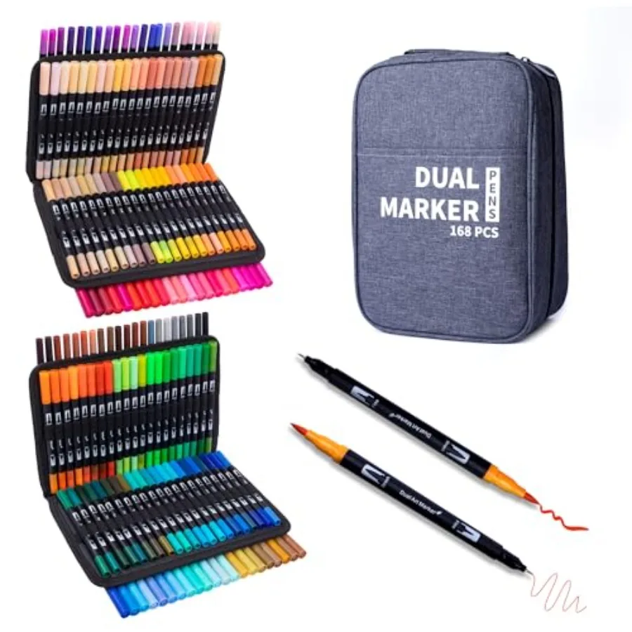 

Dual Markers Brush Pens 168 Colors Art Marker Set with Brush and Fine Tips Premium Art Supplies for Adults Perfect for Coloring