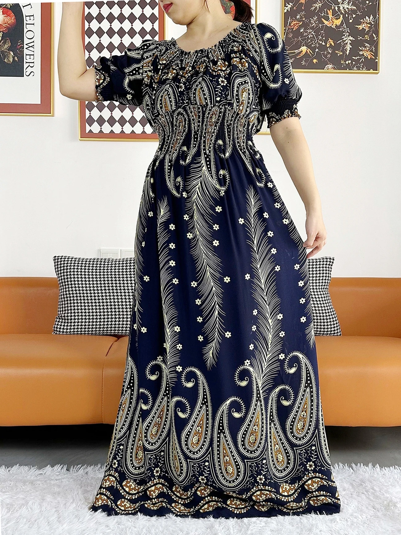 2024 New Muslim Abaya Summer Short Sleeve Long Dress Collect Waist Floral Boubou Maxi Islam Women Dress African Abaya Clothing