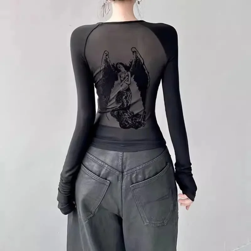 Goth 90s Vintage E-girl Emo Clothes Long Sleeve Corset Crop Tops Women Aesthetic Black Harajuku T-shirts Punk Streetwear Y2K