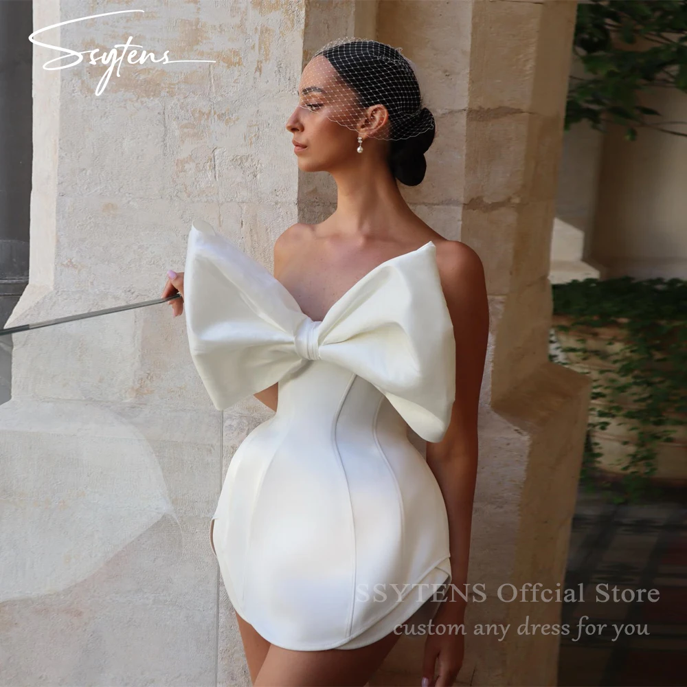 Sukienki na wesele SSYTENS, krótkie, w kolorze kości słoniowej, bez ramiączek, mini, w kształcie litery A, suknia ślubna, damska, z dużą kokardą, sznurowany tył, suknia ślubna, możliwość personalizacji.