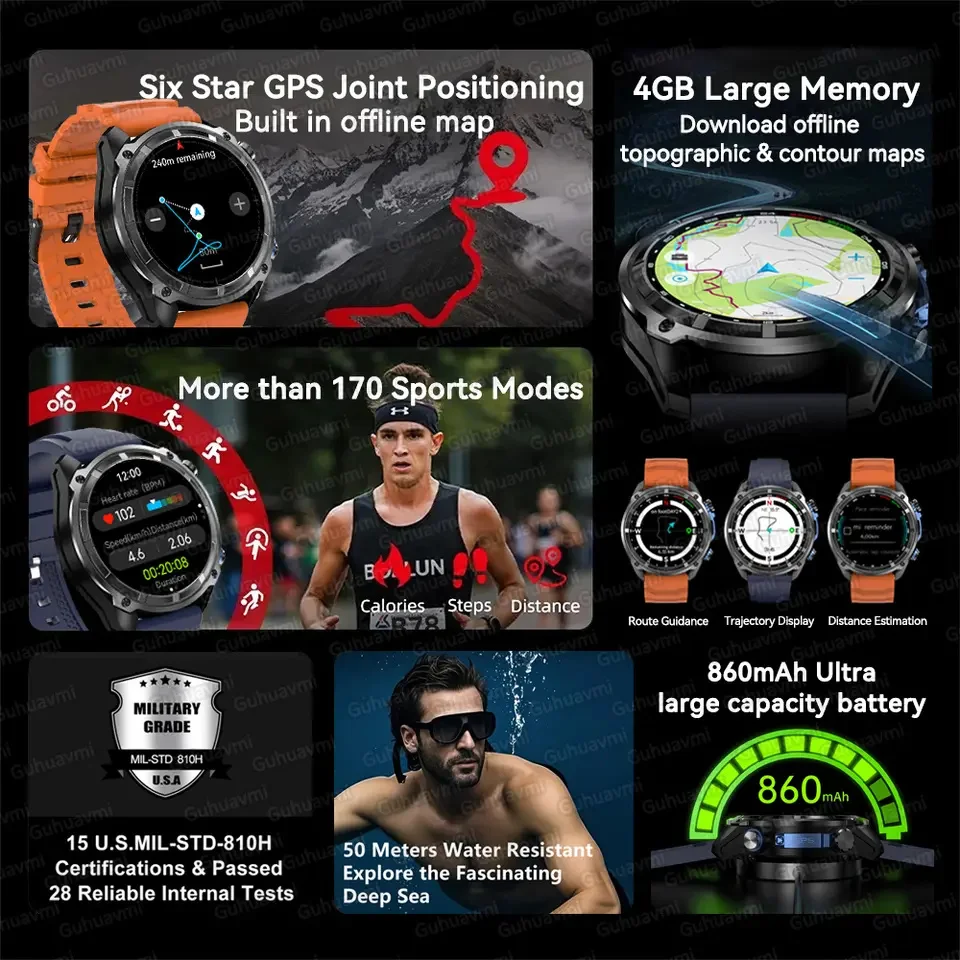 2025 neue GPS 4 GB Speicher Militär Sport Smartwatch Männer Wasserdichte Fitness Tracker Offline Karten 860 Mah Batterie Smart armband 5ATM