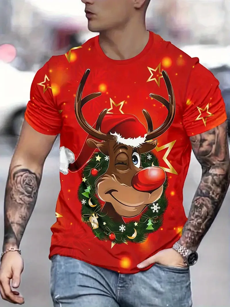 

Men's 3D Print Christmas Reindeer Graphic T-Shirt Cute Animal Elk Pattern Short Sleeve Tees Fashion Creative Personality Clothes