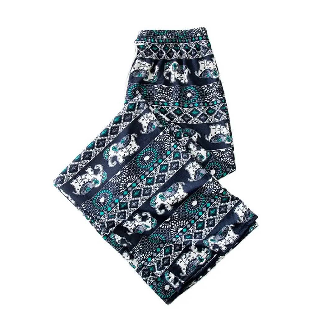 

Colorful Thai Elephant Printed Pants Boho Pattern Comfy Wide Leg Pants for Women with Strap Flared Bottom Women's Harem Pants