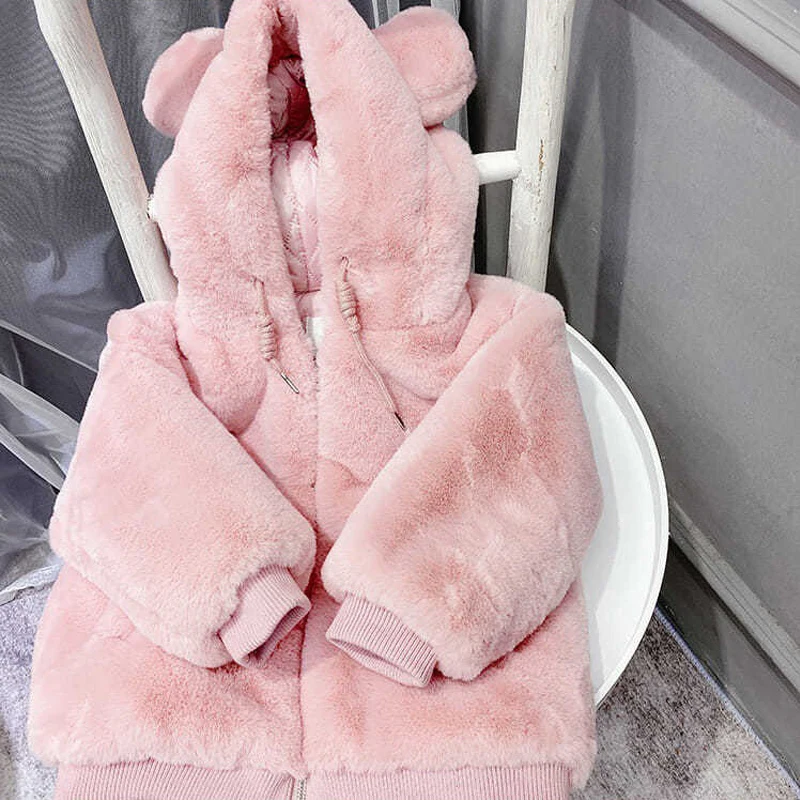 Cute Big Ear Plush Baby Jacket New Autumn Winter Warm Faux Fur Coats For Girls Hooded Snow Coat Soft Children Ouertwear Clothing