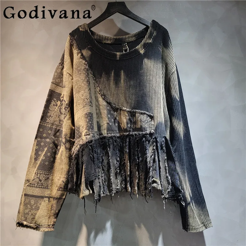 

Personalized Fashion Retro Tie-dye Tassel Hem Denim Splicing Top Spring Sweet Women Round Neck Long Sleeve Black Knitted Sweater