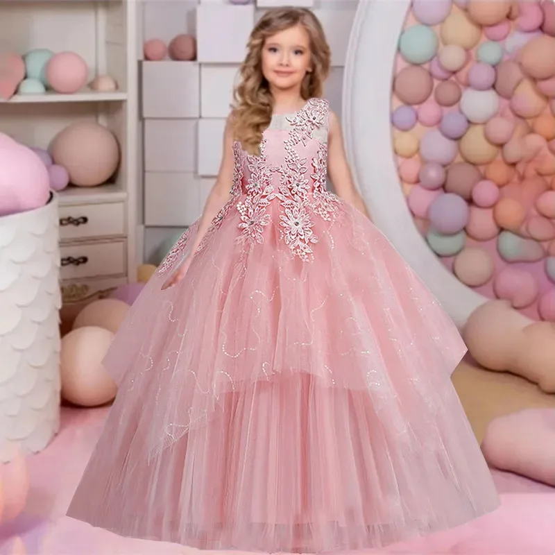 Sky01 لامعة طفل صغير كبير الفتيات الدانتيل زين زهرة فتاة حفلة عيد ميلاد فستان رسمي طويل فستان المسابقة AC1080Sd01$