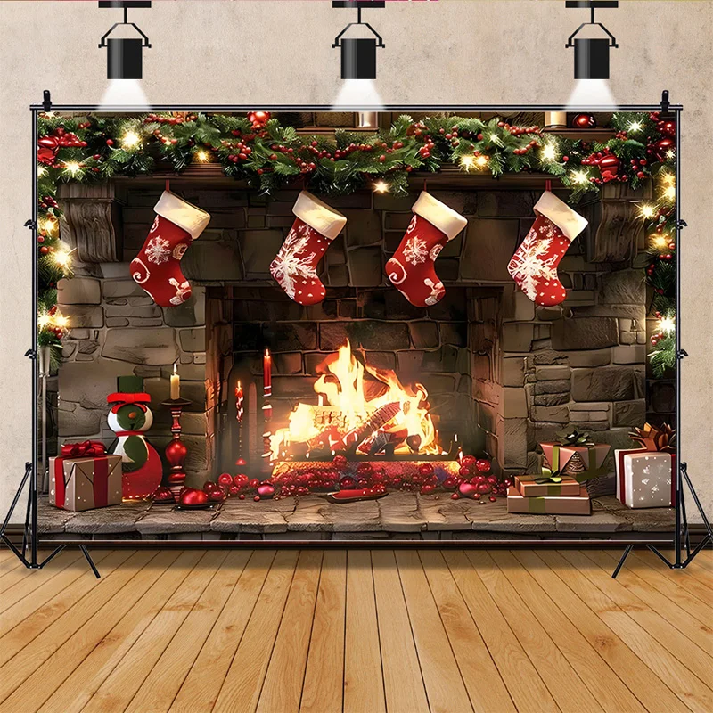 Merry Christmas Photography Backdrops Props Fireplace Pine Candy House Decoration Winter Wonderful New Year Background RD-54