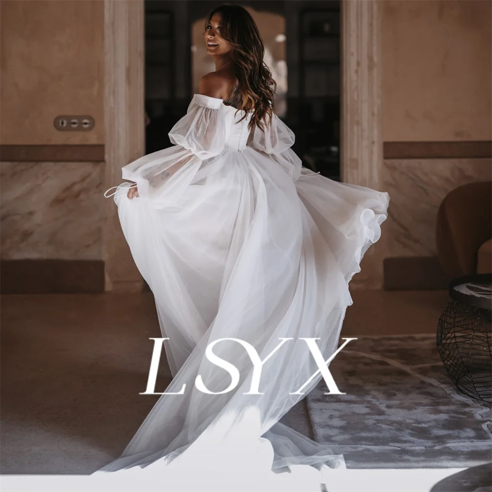 LSYX Boho Off-Shoulder Illusion Long Puff Sleeves Tulle Wedding Dress Zipper Back Court Train Bridal Gown Custom Made