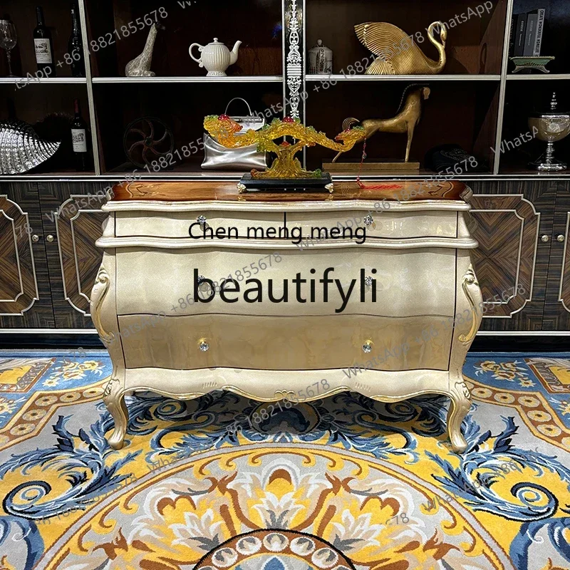 

French solid wood porch cabinet, European style, luxury carved living room locker table, champagne porch cabinet6220