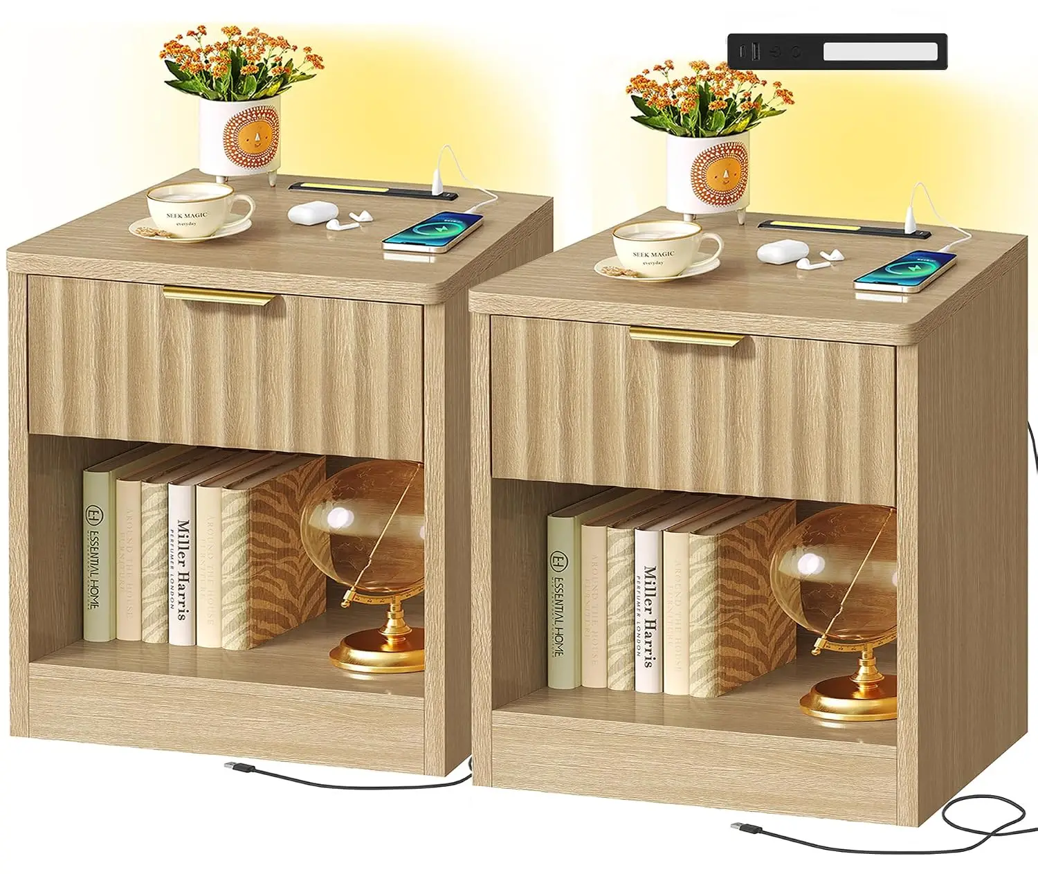 Fluted Nightstand Set of 2 with Charging Station & LED Light, Drawer & Open Shelf End Table for Bedroom, Customized