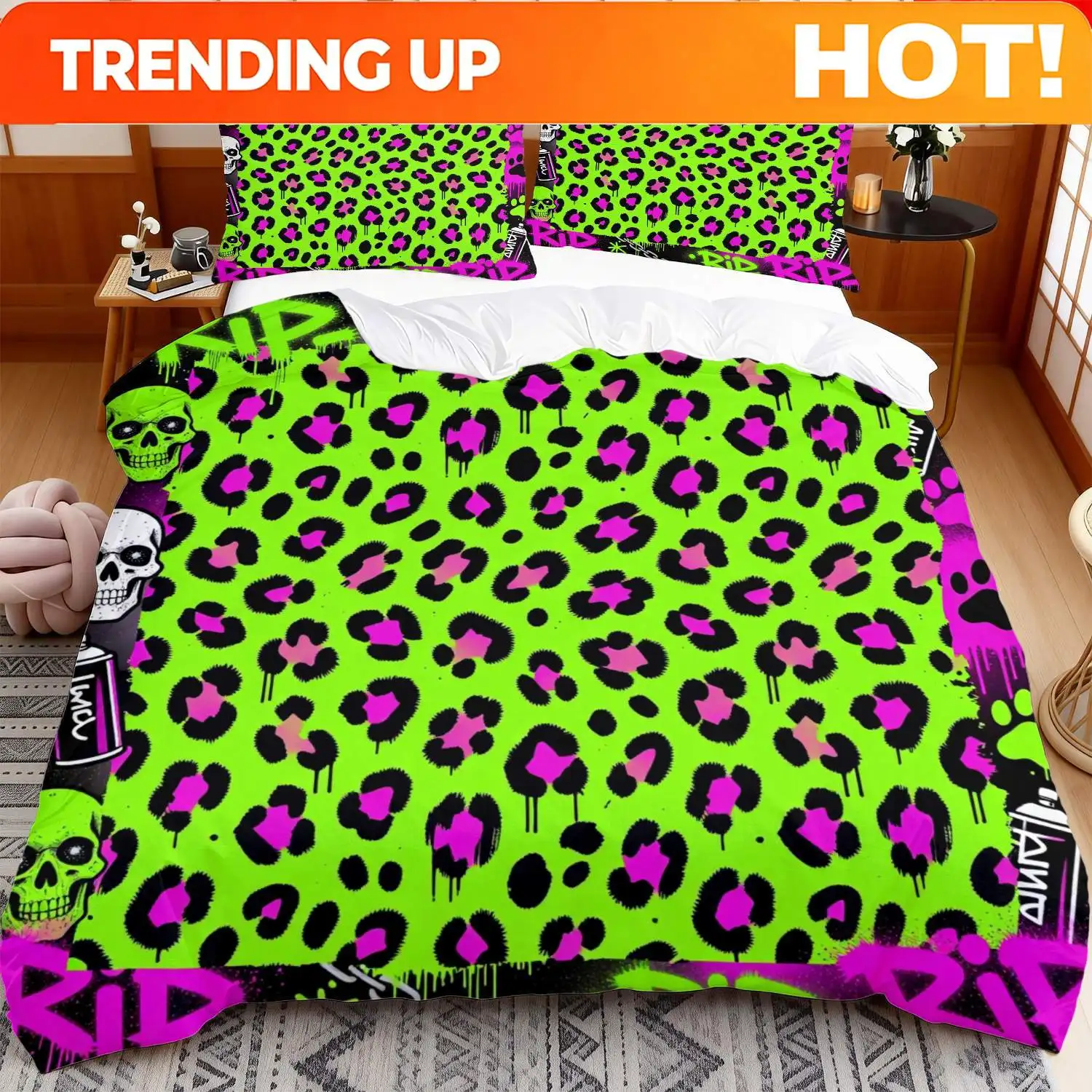 Customize 2/3pcs of 2D Flat Printed Bedding in Gothic Punk Style, Featuring a Neon Green And Purple Leopard Pattern with Skull G