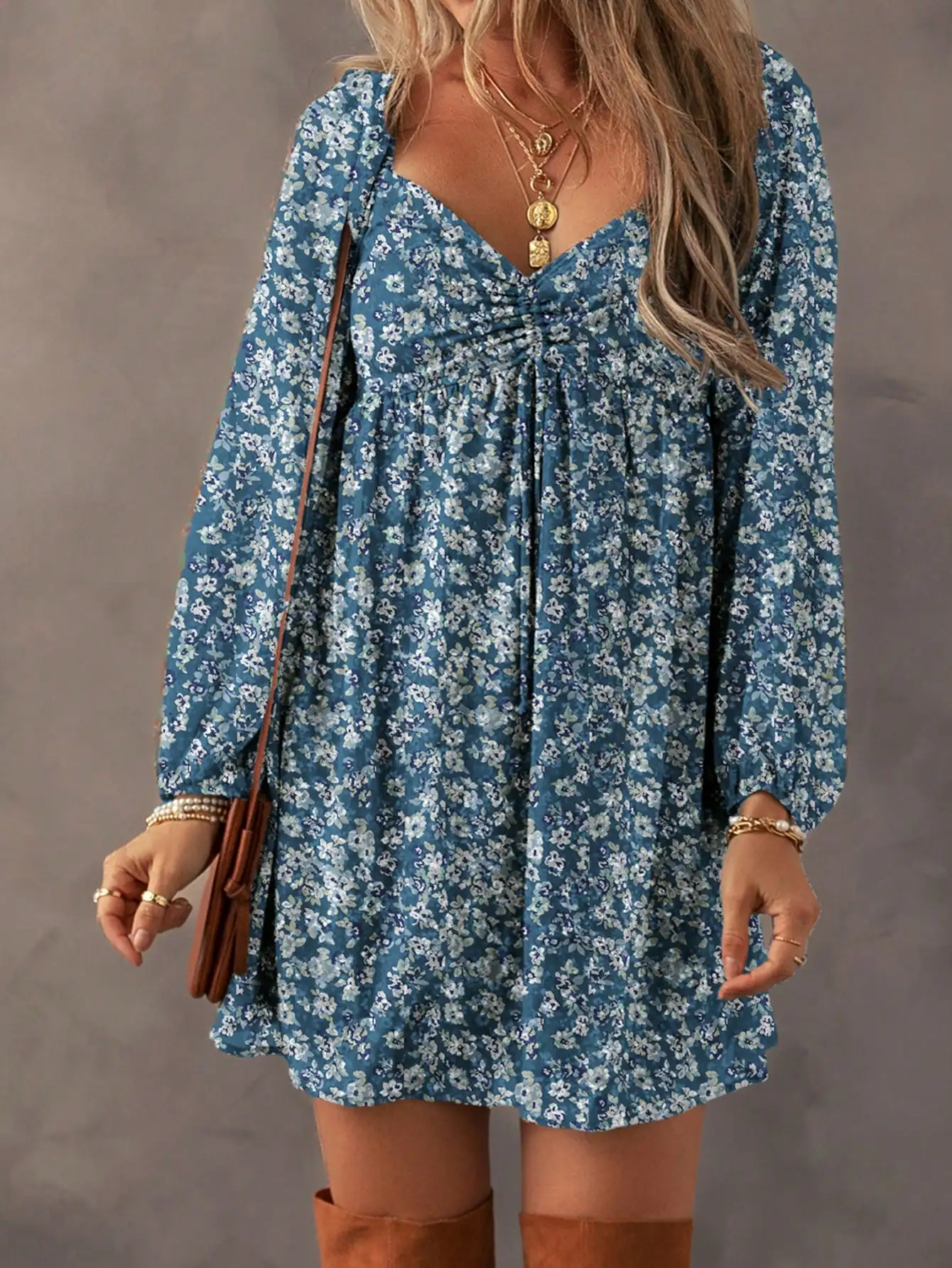 

Blue Floral V-Neck Lantern Sleeve Mini Dress with Shirred Front