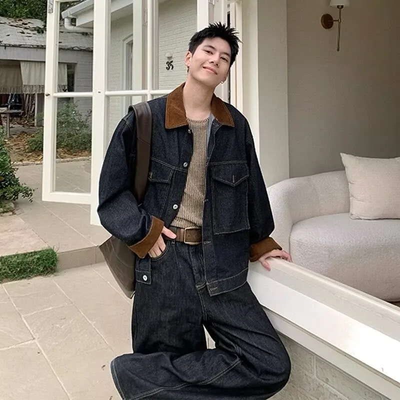 

Мужская джинсовая куртка в американском ретро-стиле, цвет деним, коллекция Весна-Осень 2025, свободный крой, воротник-стойка, для повседневной носки