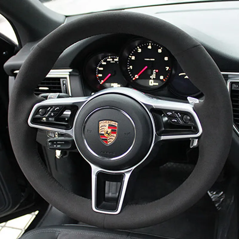 

DIY Hand Stitched Car Steering Wheel Cover For Porsche Taycan Cayenne Macan Panamera 718 911 ALL Black ultrathin non-slip suede