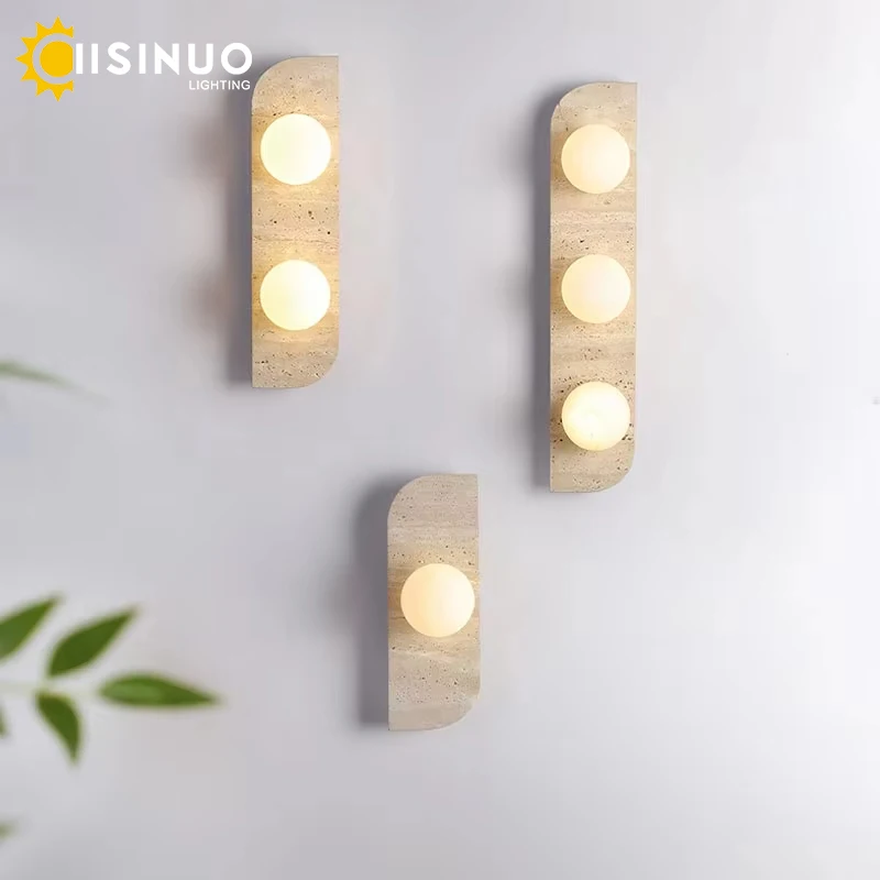 

Wabi-Sabi Style Wall Lamp Yellow Travertine Stone Bedside Light White Glass Ball Light G4 Bulb for Home Indoor Foyer Aisle Stair