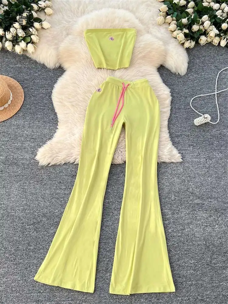 BabYoung Hotsweet Ricamo Due Pezzi Abiti da Donna Senza Spalline Senza Maniche Camis + Pantaloni Lunghi Moda Americana Casual Vacanza Set