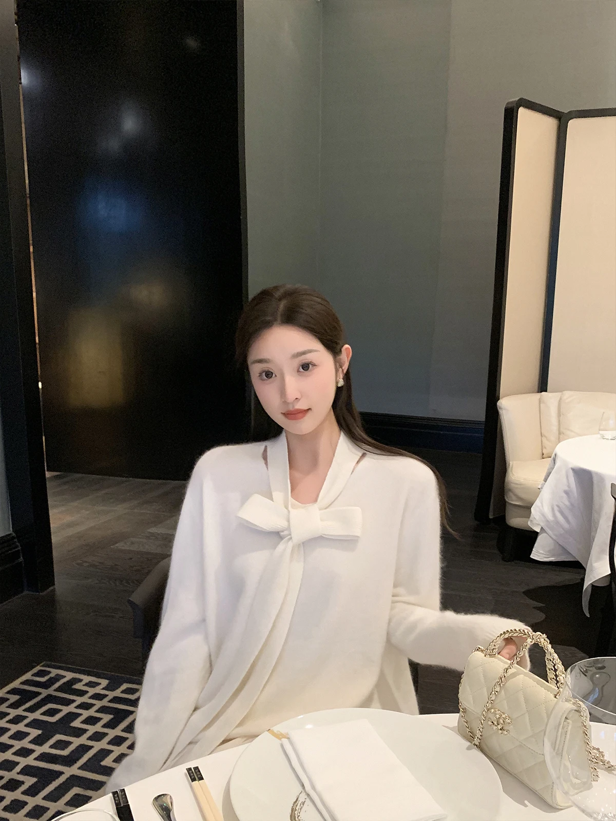 

Cchen Chencheng Daytime Fairy T Knitted Sweater with Bow Fem Rabbit Fur Spring Top Sweet Sle Loose Fit Long Sve