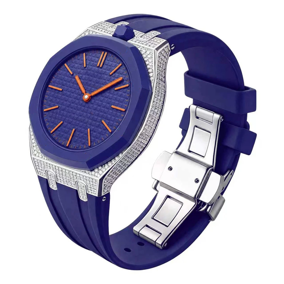 Diamant-Moissanit-Uhrenarmband für Swatch X AP Royal Pop Pocket Edelstahlgehäuse mit Silikonarmbändern Set Ersatzband
