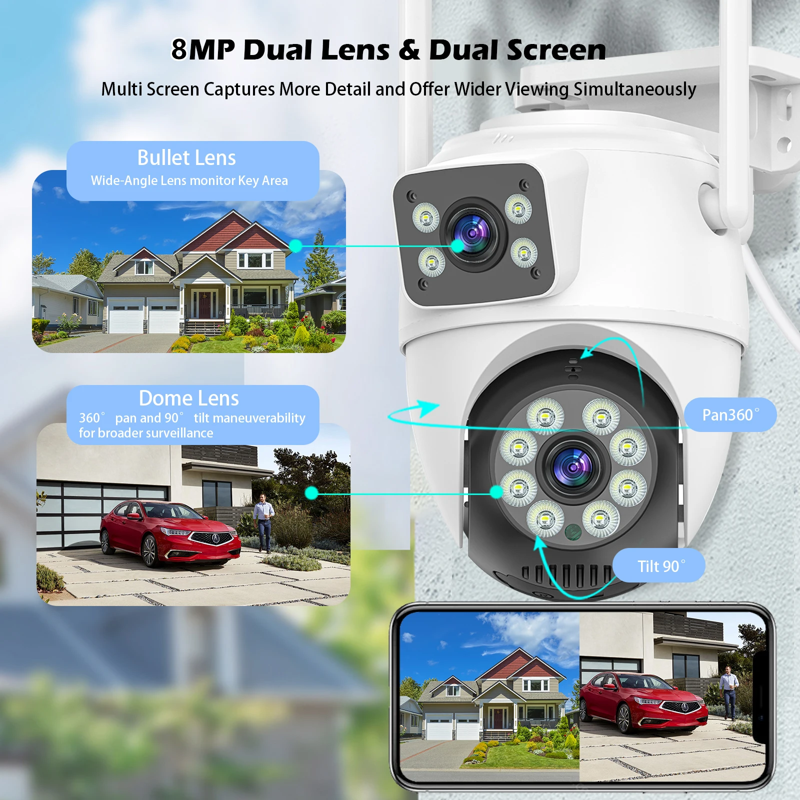 4K 8MP PTZ Wifi Dual Camera Lens with Dual Screen CCTV Ai Human Detect Auto Tracking Wireless Outdoor Surveillance Camera