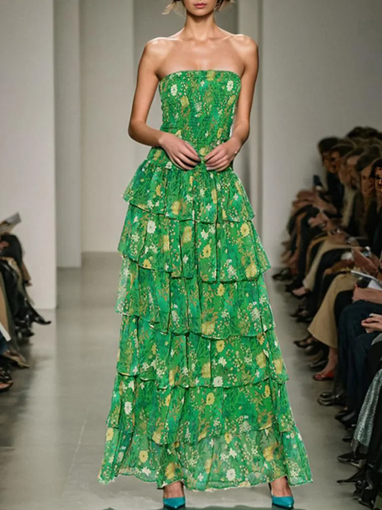 

Зеленое шикарное плиссированное платье с цветочным принтом, женское сексуальное драпированное вечернее платье без бретелек с высокой талией, летнее длинное платье с открытой спиной