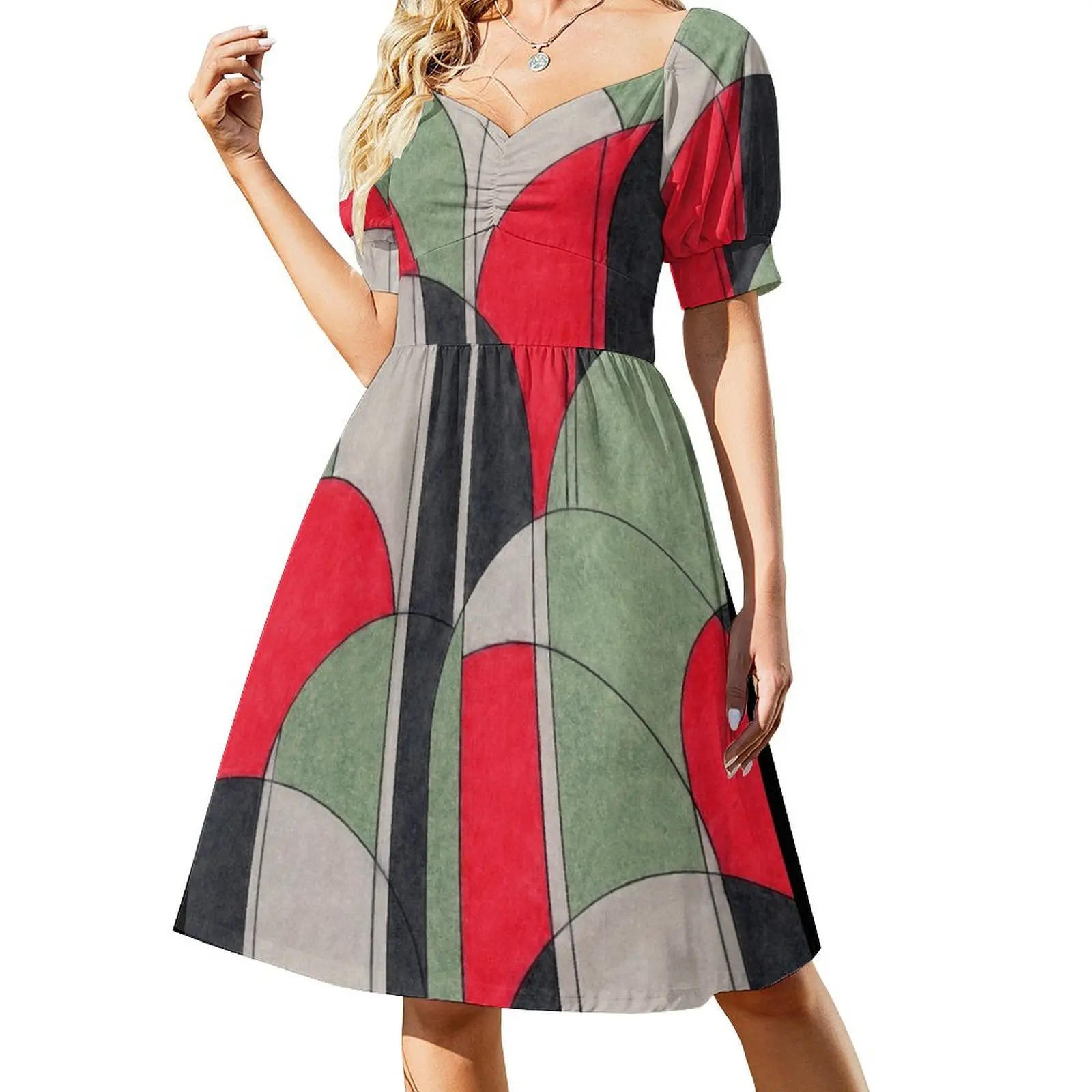 Bold Geometric Abstract Art in Red, Green, and Black Short Sleeved Dress dress for women dress summer 2025 women