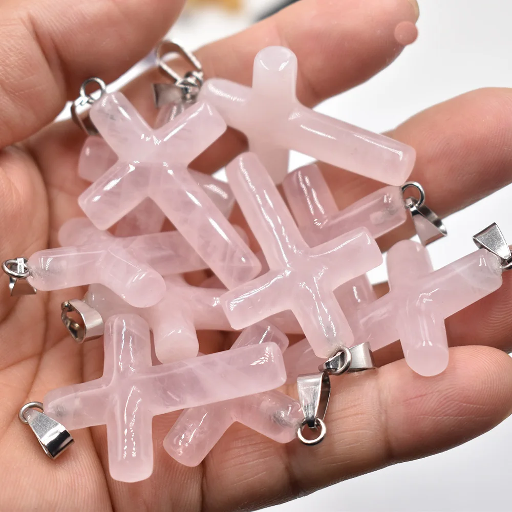 Großhandel 10 Stück/Set Modische Naturstein-Mischung 40x28mm Lange Kreuzanhänger für Schmuckherstellung Charm-Halsketten-Zubehör – Detail 4