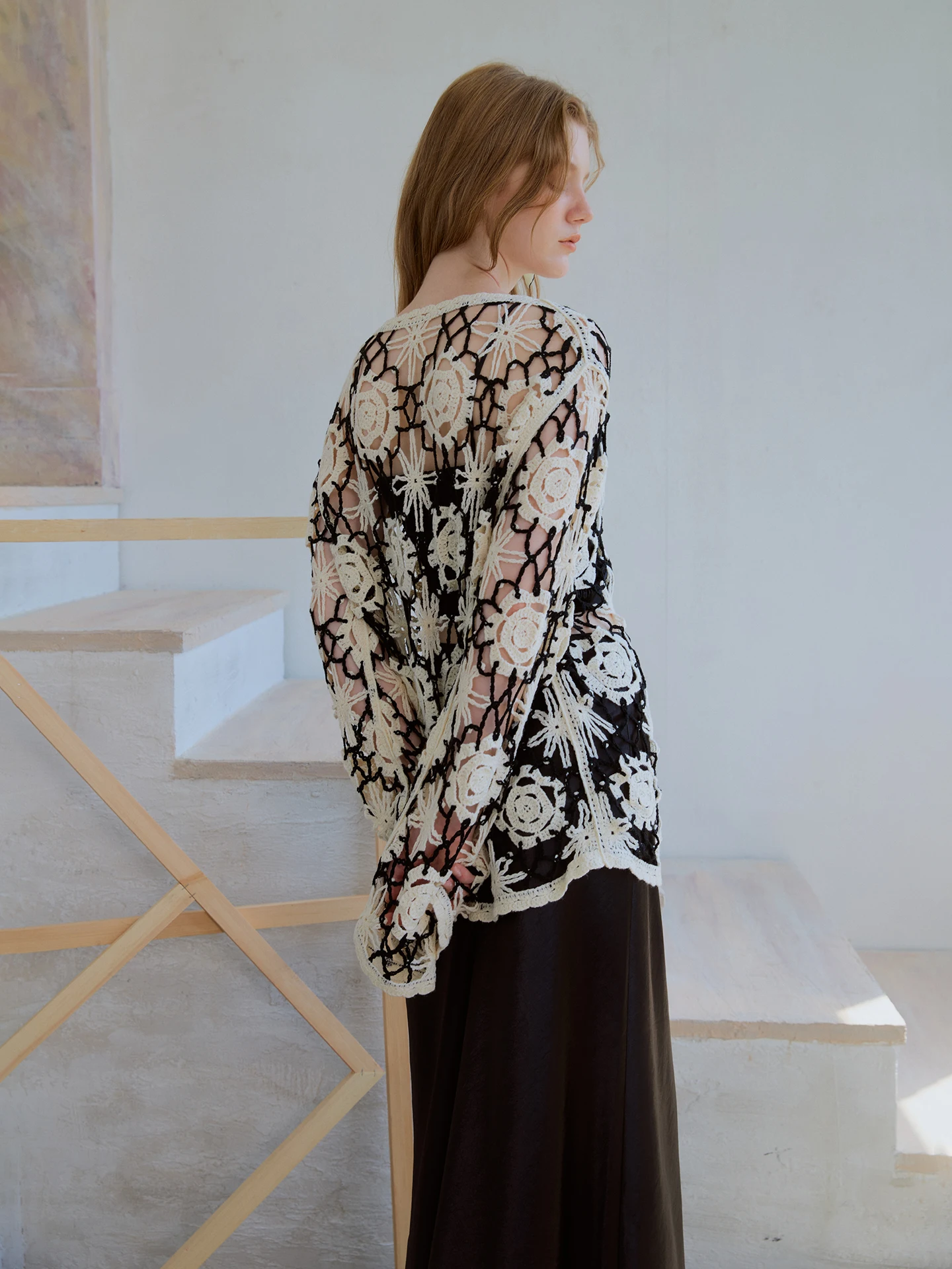 

Romantic Bla White Flower Hollow out Knitted Top Women's Early Autumn Lazy Sle Hollow Hook Flower Crt Cover irt