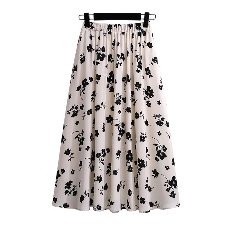 175Kg Plus Size Women\'s Summer Loose Floral Chiffon A-Line Skirt Hip 175 Apricot Black 5XL 6XL 7XL 8XL 9XL 10XL