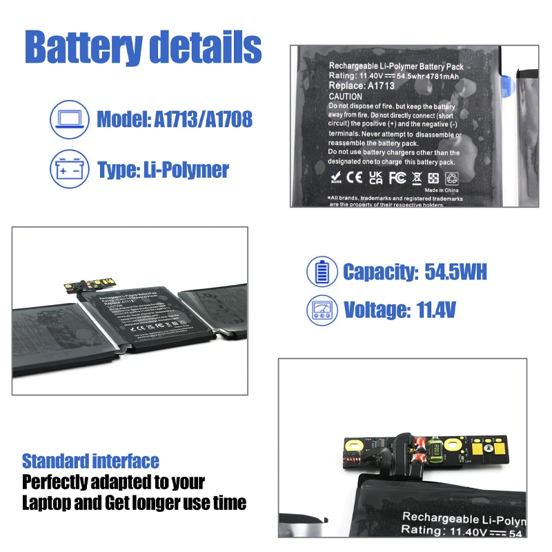 11.4V 54.5Wh A1708 A1713 Replacement for Apple A2171 A2159 A2289 A2338, MacBook Pro 13 inch (Late 2016, Mid 2017, Mid 2019, 2020