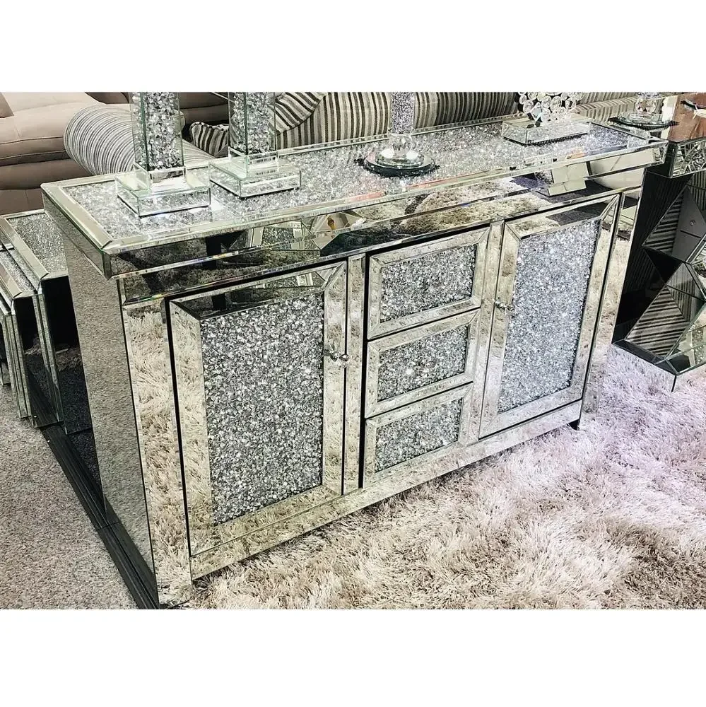 Wholesale Price Modern Luxury Silver Sparkly Crushed Diamond Mirrored Two Doors Sideboard Cabinet Console Table For Home Hotel