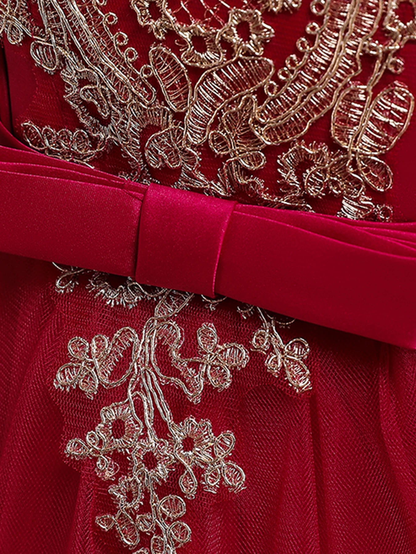 Red long children embroidered princess dress LACE girl mesh fluffy piano performance costume