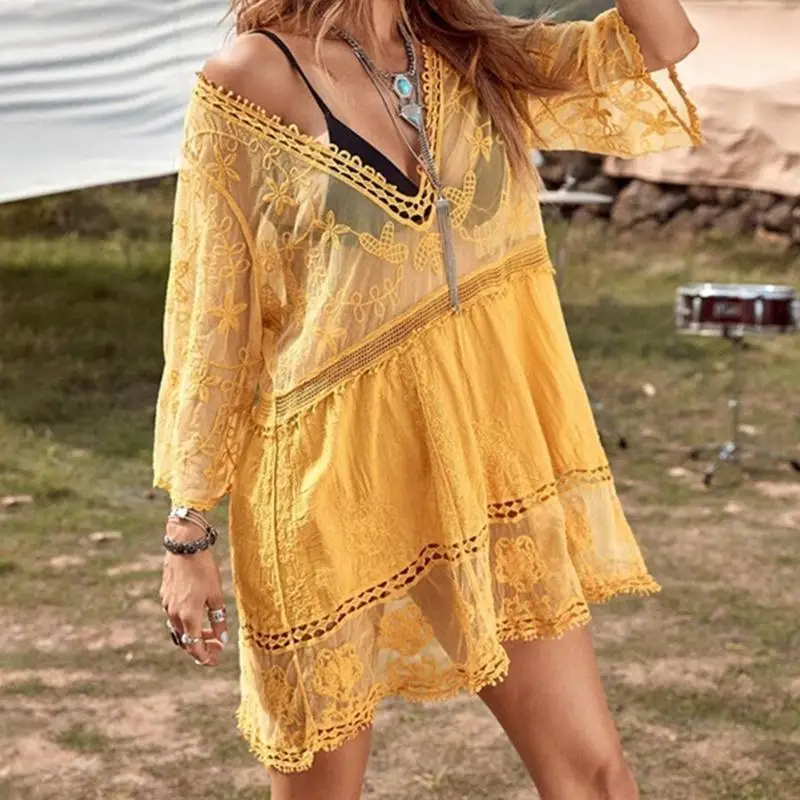 M5TC Women's Beach Cover Up Long Sleeve Sleep Shirt Dress Floral Lace Hollow Crochet Swimsuit Cover Up Tunics Beachwear Dress
