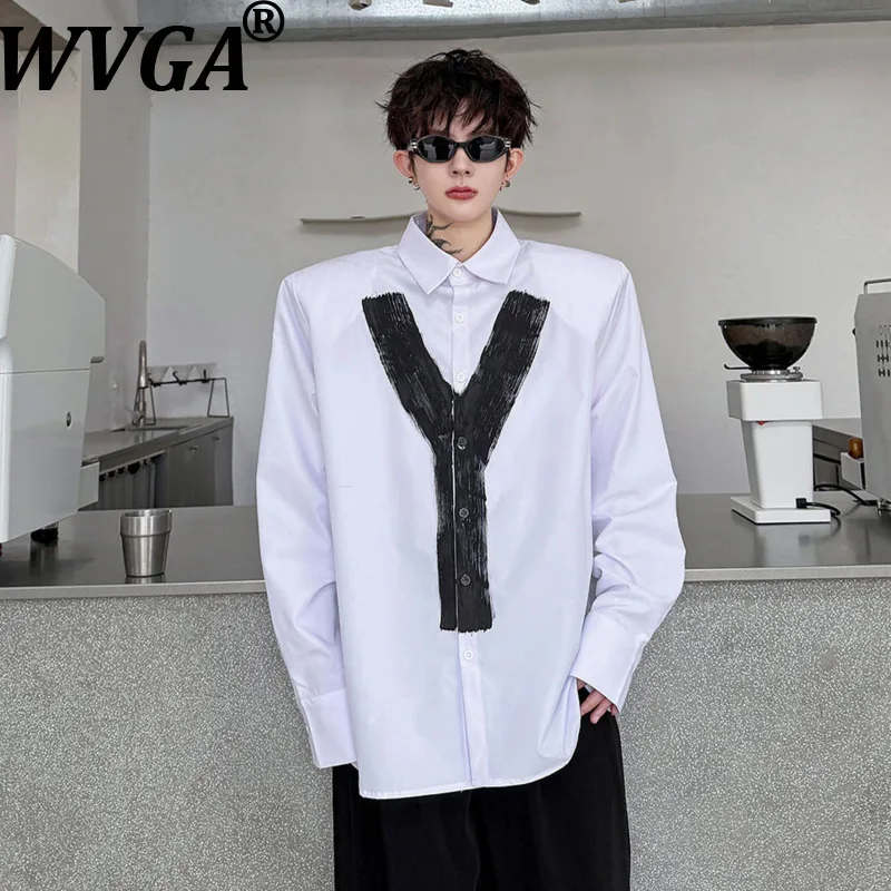 WVGA 2026 Autumn New Men Solid Color Turn-down Collar Hand-painted Letter Pattern Long-sleeve Shirt Niche Two Colors Tops W27088