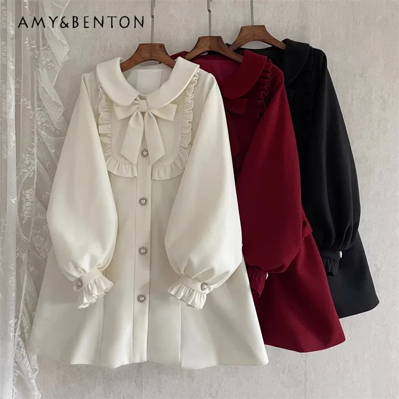 

2024 Japanese Original Solid Color Retro Elegant Bow Collar Lolita Medium and Long Doll Collar Cute Cape Woolen Coat For Women