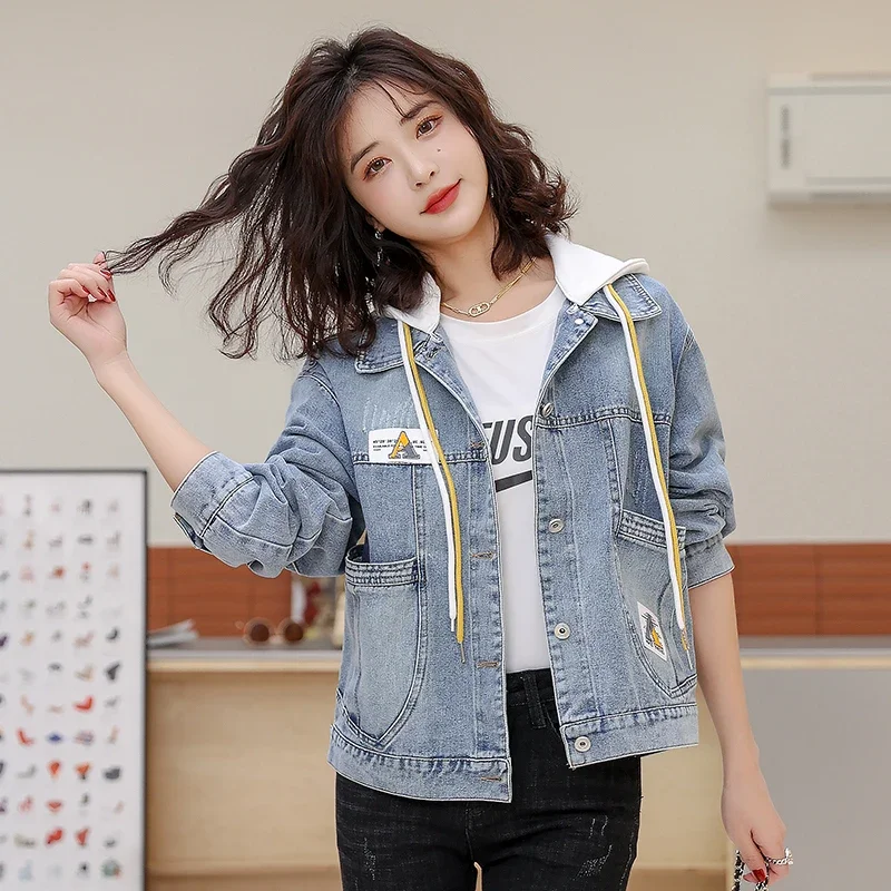 

Denim Jacket for Women Blue Hooded Patchwork Outerwear Spring Autumn Woman Jean Coat Cowgirl Clothing 2024 Trend New Arrivals In