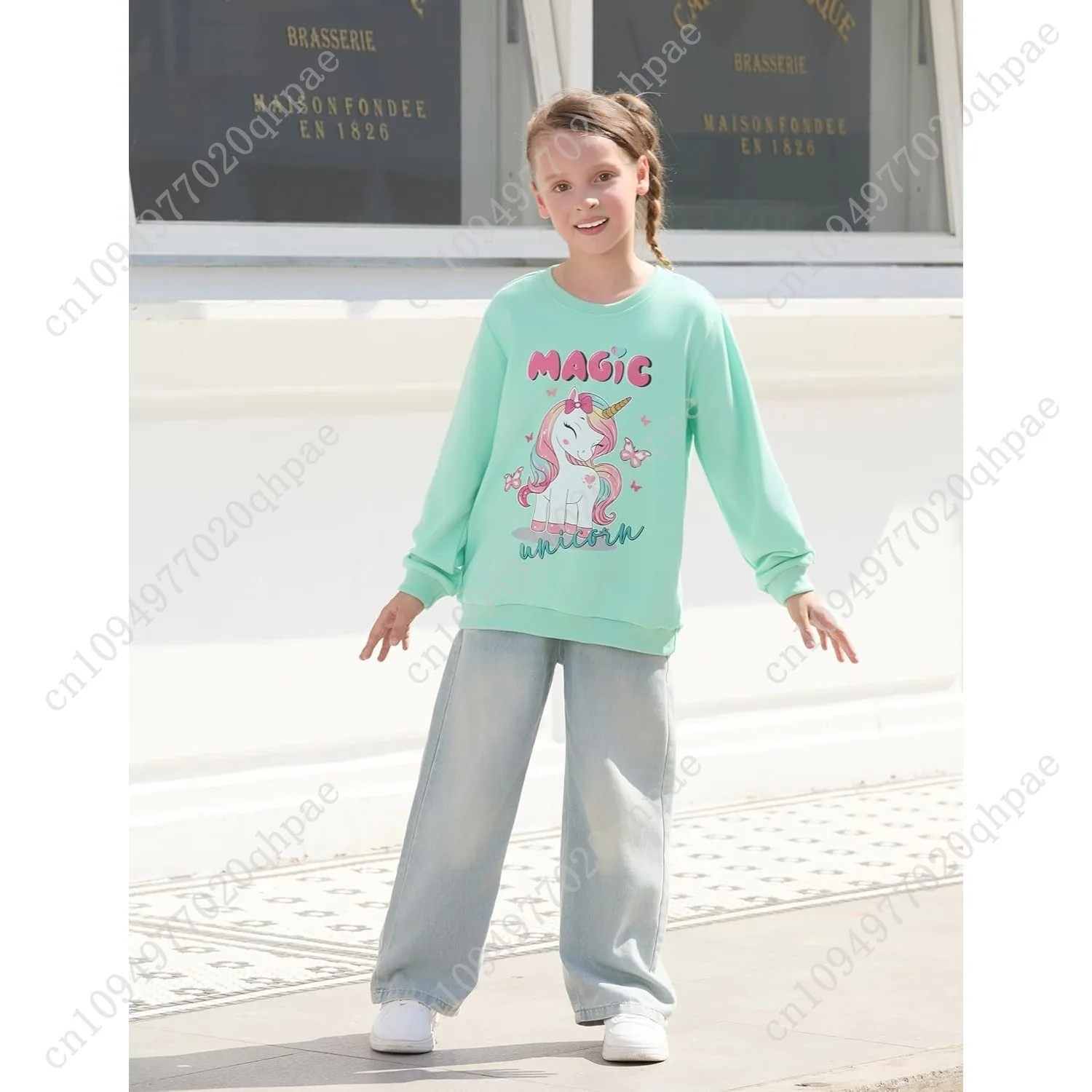 بات بات بلوزات الفتيات حجم 5-14 سنة الجرافيك البلوز كم طويل Crewneck قميص لطيف الكرتون ملابس كاجوال للفتيات