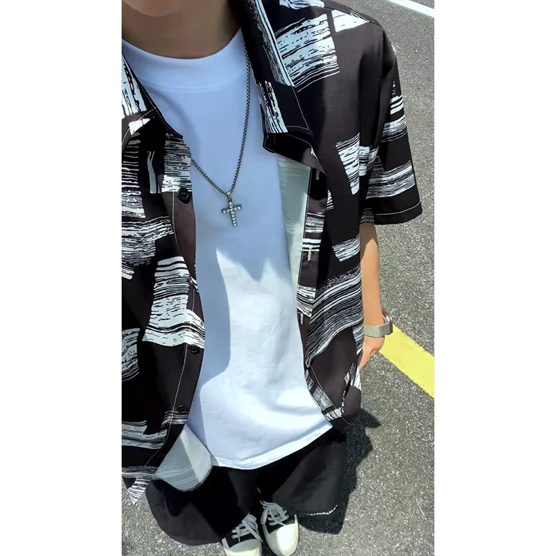 Summer Short Sleeved Shirt Men Printed Casual Shirt Men Streetwear Loose Ice Silk Shirt Mens Hawaiian Shirts Plus Size 5XL