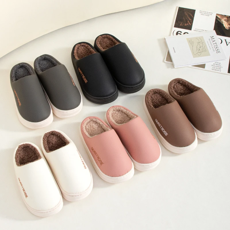 Queey Home Winter Women PU Waterproof Shoe Upper Cotton Slippers Lightweight Short plush Non-Slip Suitable Indoor Outdoor