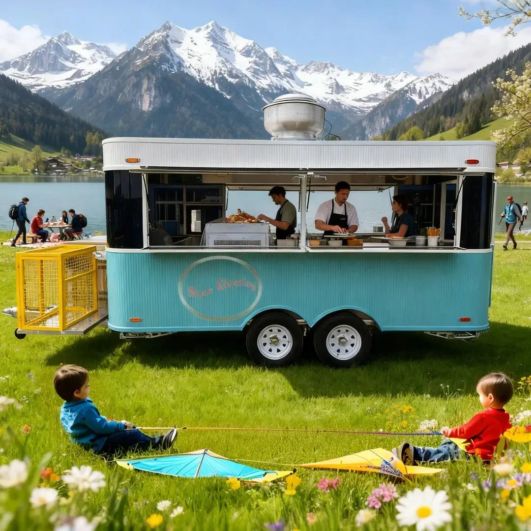

Outdoor Food Trailer Fresh Blue-White Color Scheme Oversized Windows Smooth Rounded Lines Mobile Kitchen Catering Truck