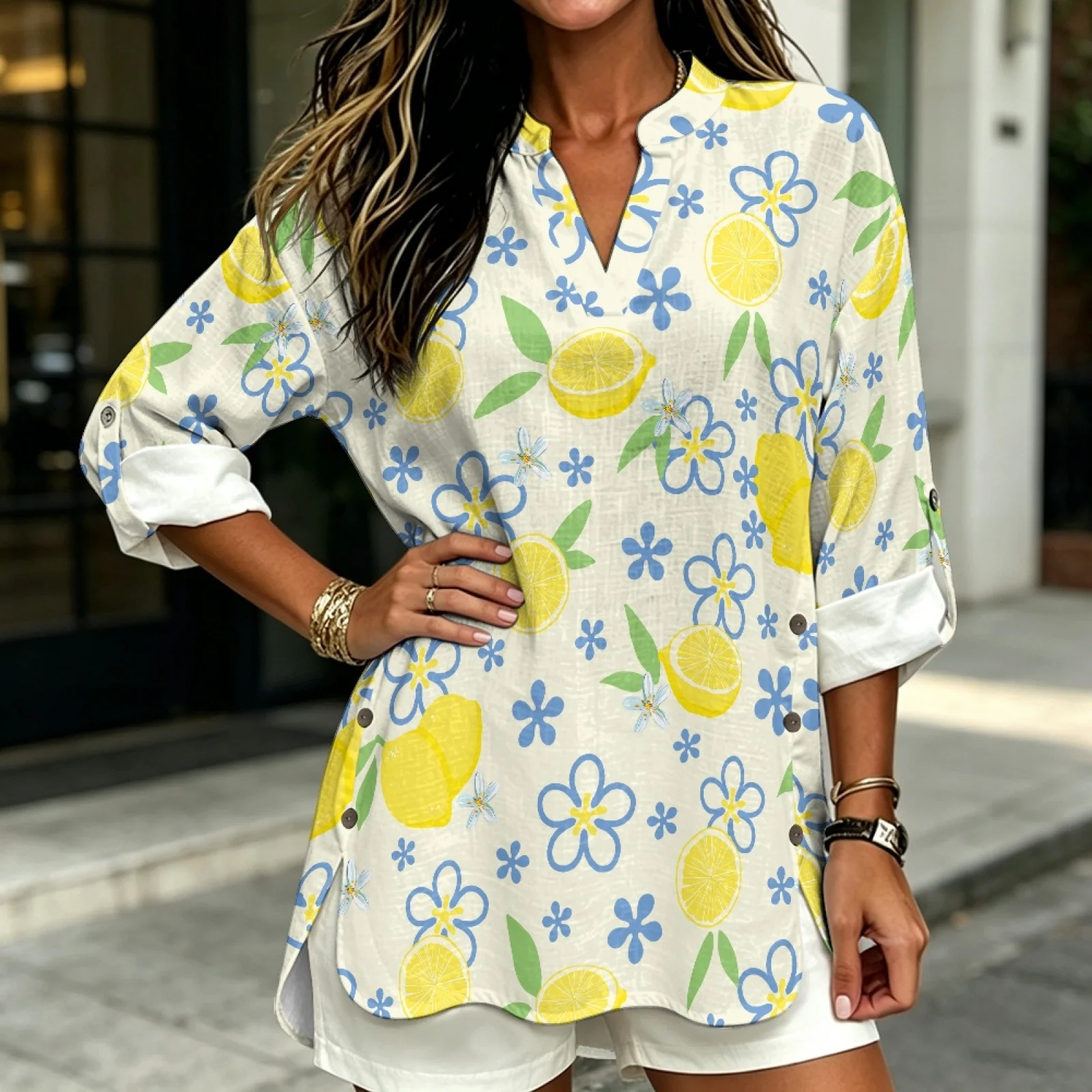 PENSTROLL Lemon Flowers Side Slit Hem Long Sleeve V Neck Blouse for Resort Gatherings Linen Style Long Sleeve Tops Sizes S-5XL