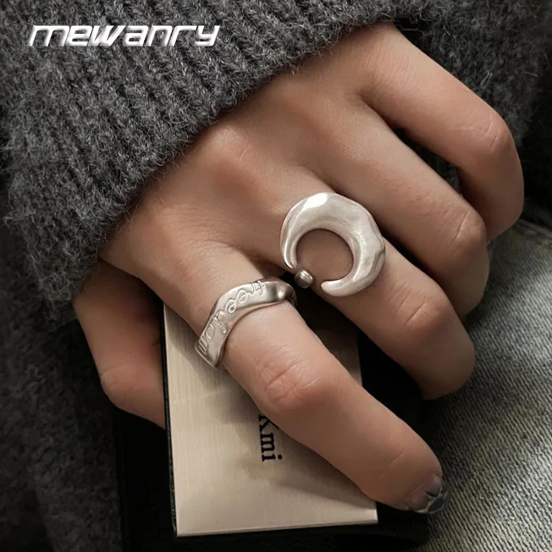 Mewanry Scrub Irregular Moon Geometric Letter Rings For Women Couples Fashion Creative Design Simple Elegant Engagement Jewelry