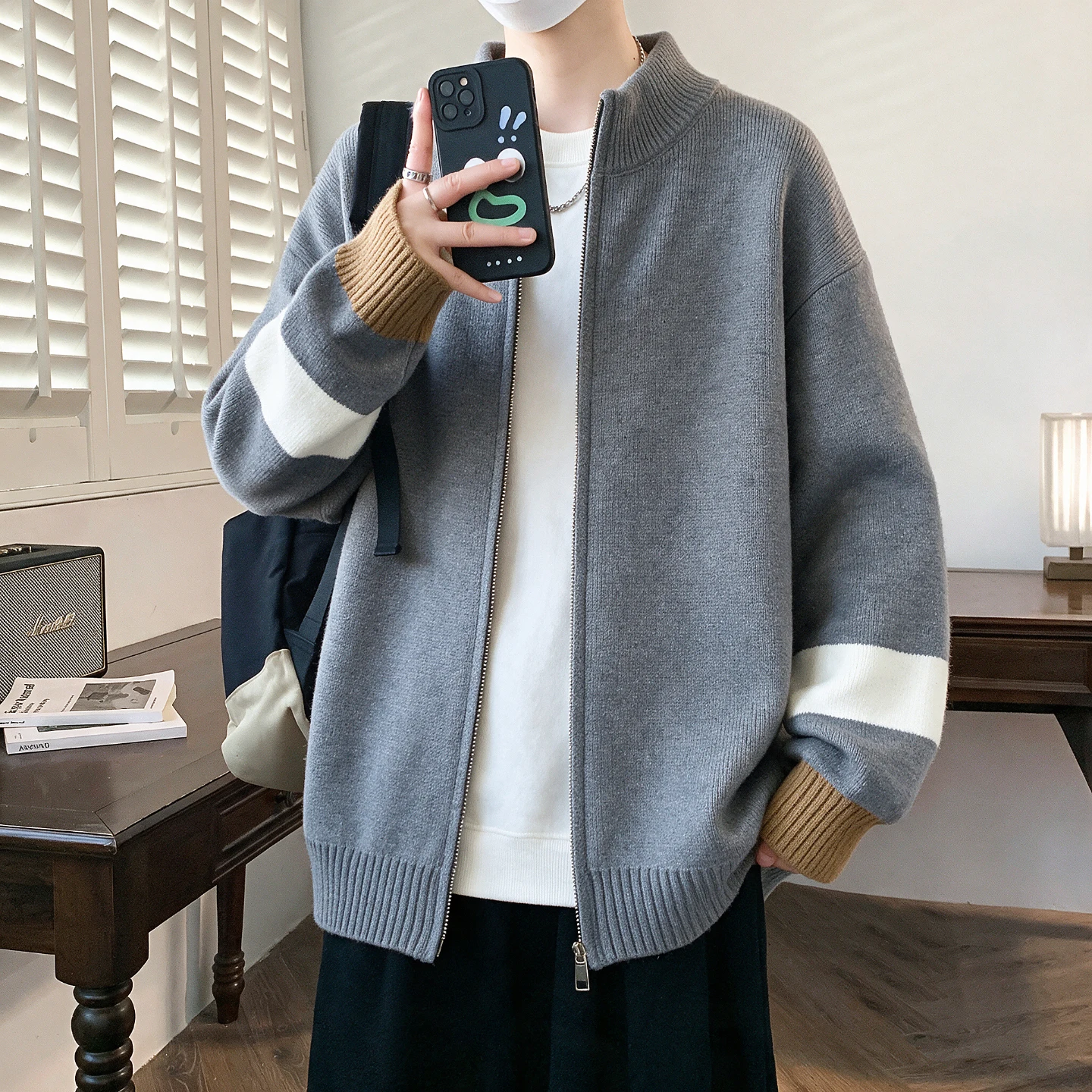 2026 Autumn/Winter New Men's Zippered Standing Collar Knitted Sweater Long-Sleeve Coat