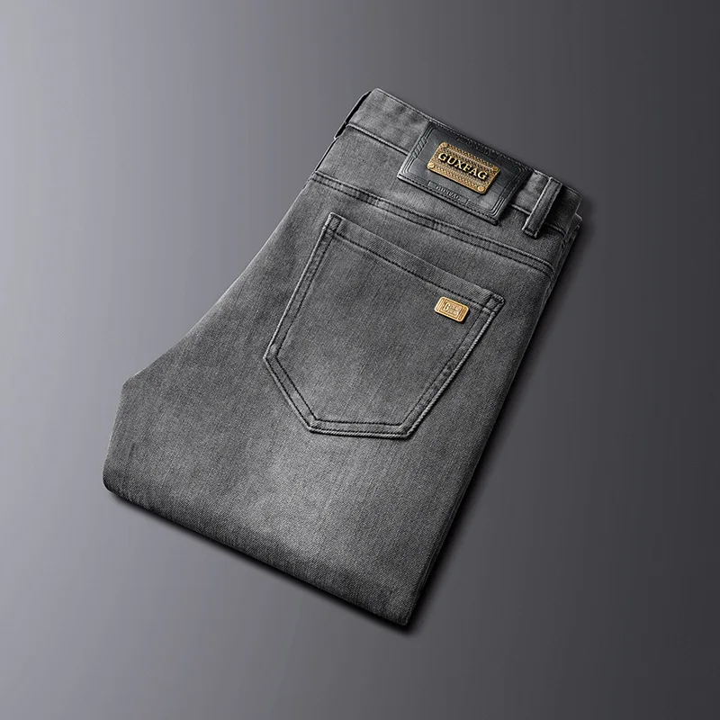 Jeans de negócios de luxo leve masculino, cinza esfumaçado, clássico, simples, ajuste fino, tudo combinando, calça elástica, novo, primavera e outono, 2022