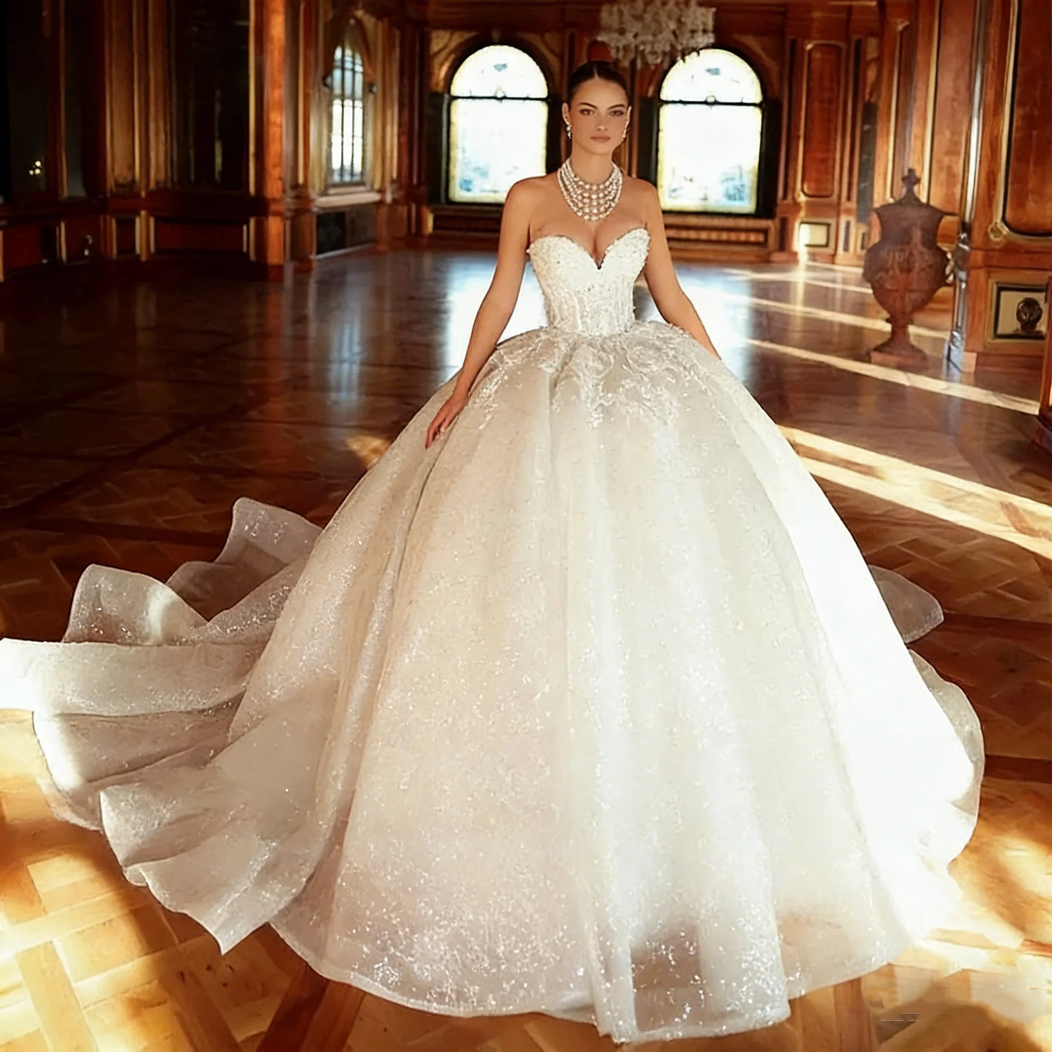 

Роскошное свадебное платье без рукавов в форме сердца, тонкая пряжа, вышитое свадебное бальное платье трапециевидной формы, свадебное платье принцессы без бретелек Custo