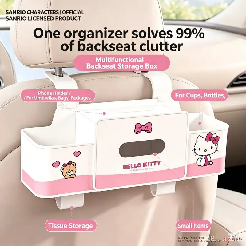 Genuine Sanrio Car Storage Box Hello Kitty Tissue Box Car Seat Back Storage Box Multi-Functional Water Cup Holder Placement Box view 2