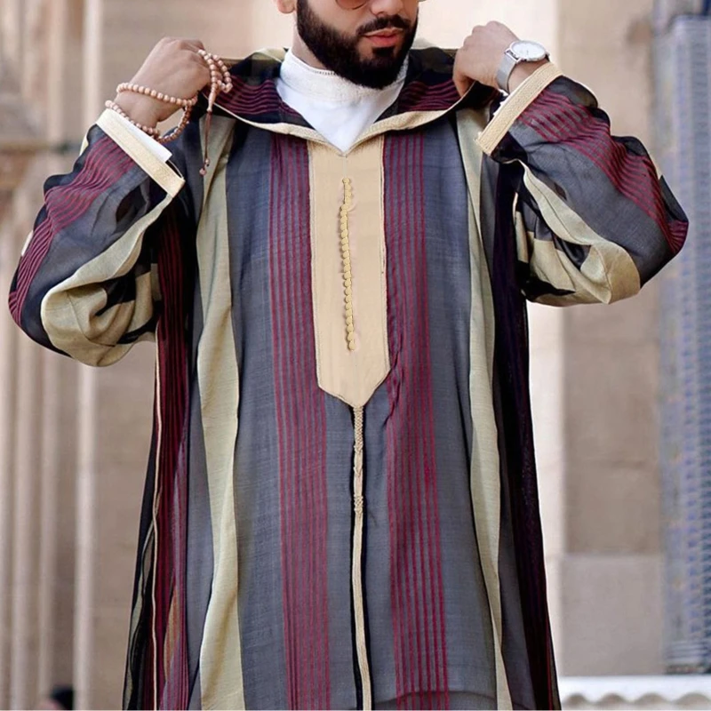 

Islamic Kaftan Muslim Robes Men Casual Striped Long Sleeve Loose Robe Fashion Men Patchwork Lapel Robes Arabia Thobe