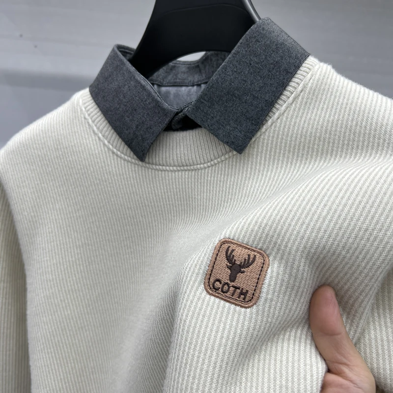 الرجال مصمم الأصلي الصوف مبطن متماسكة سترة وهمية قطعتين قميص طوق البلوز الدافئة عادية الخريف الشتاء كم طويل