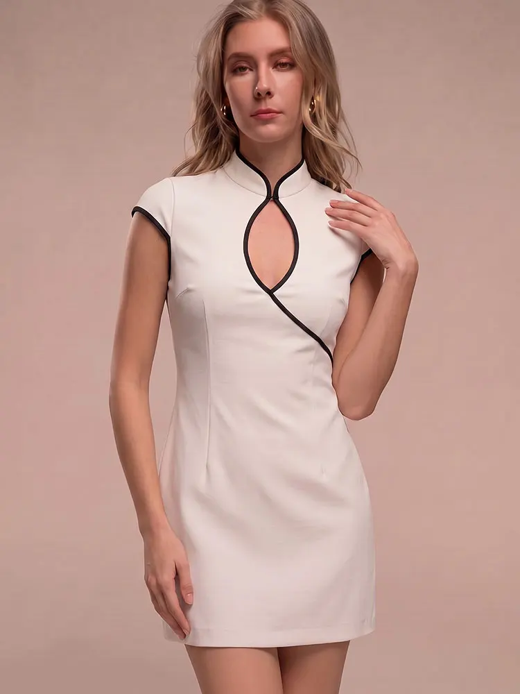 HH Womens Vintage Short Sleeve Elegant Beach Vacation Dress Stand Collar Keyhole Cutout Casual Party Zipper Summer Mini Dress