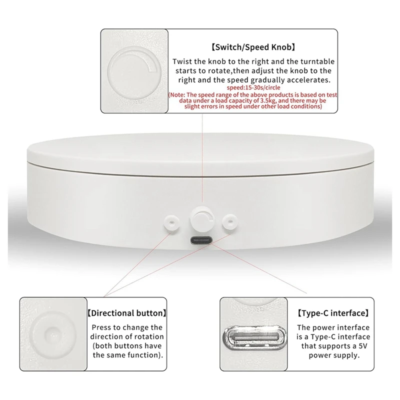 Rotating Display Stand With USB Power Cable, Mute Rotating Turntable 5.9 Inch 11Lb Load, Adjustable Speed And Direction